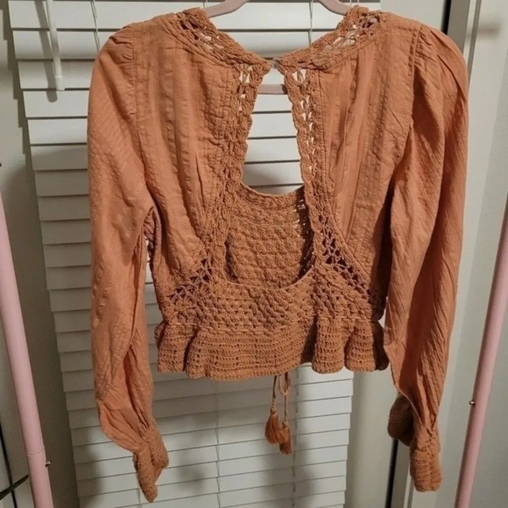 Free People Megan Balloon Sleeve Crochet Top Size Small Bohemian Cottagecore